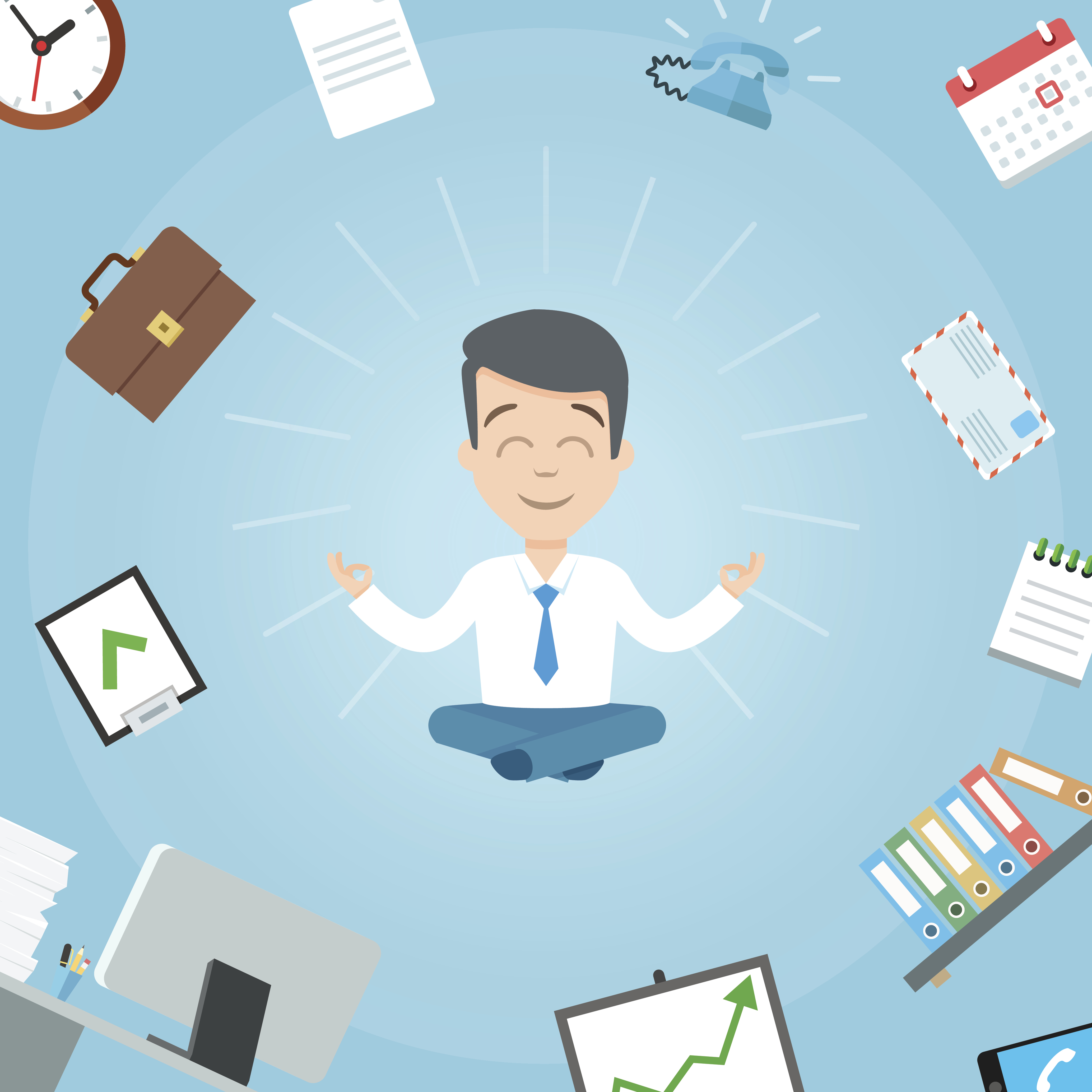 Happy businessman meditating in the office. Business yoga office
