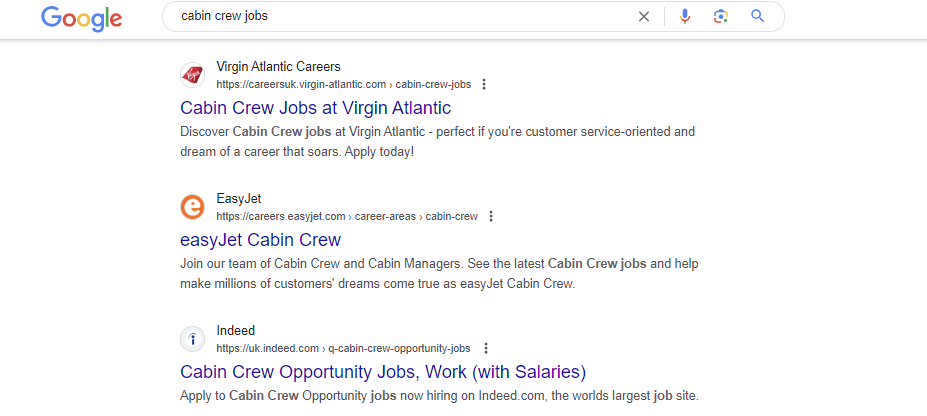 Cabin crew jobs search in Google