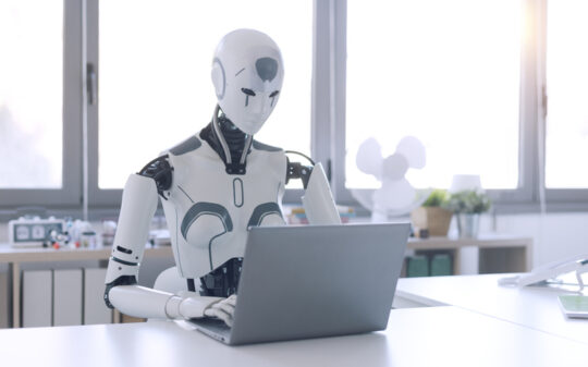 android robot thinking in office