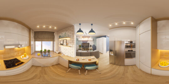 3D illustration spherical 360 degree, seamless panorama of living room interior design