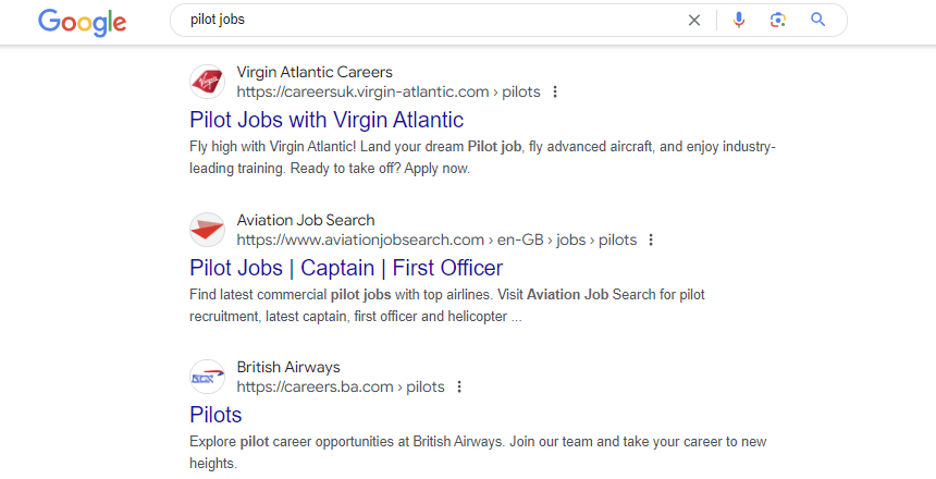 Pilot jobs search in Google