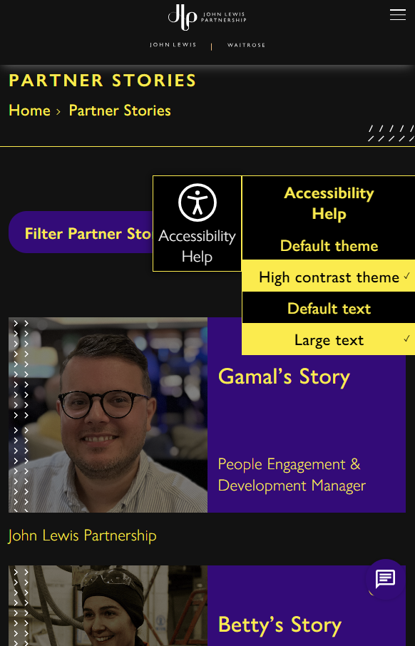 Accessibility toggle on the JLP Jobs careers site