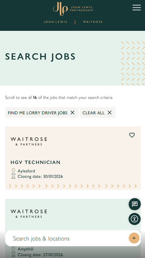 Smart job search function on the JLP Jobs careers site